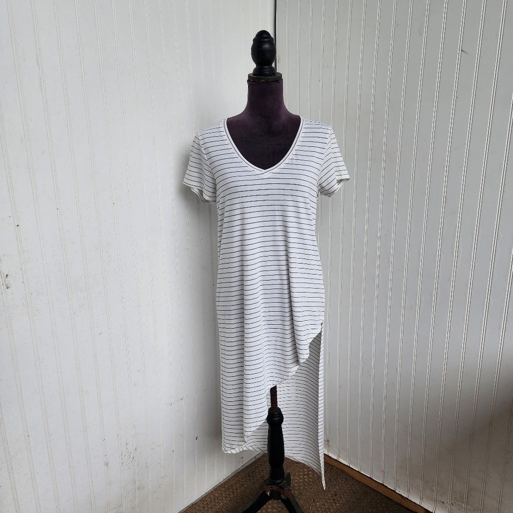 Another Love Womens Shirt Hi Low Dress Ctretch Short Sleeve White Black Stripe M